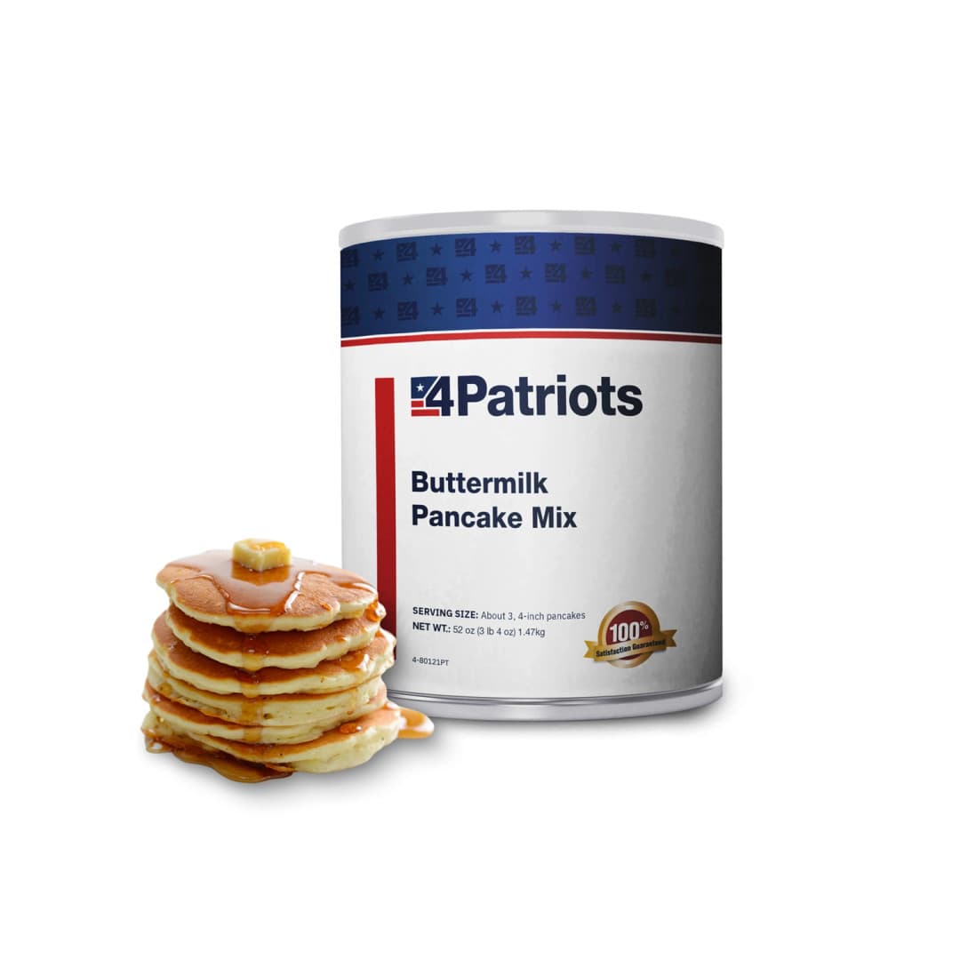 4Patriots Buttermilk Pancake Mix #10 can shown with a stack of pancakes from an emergency survival food kit.
