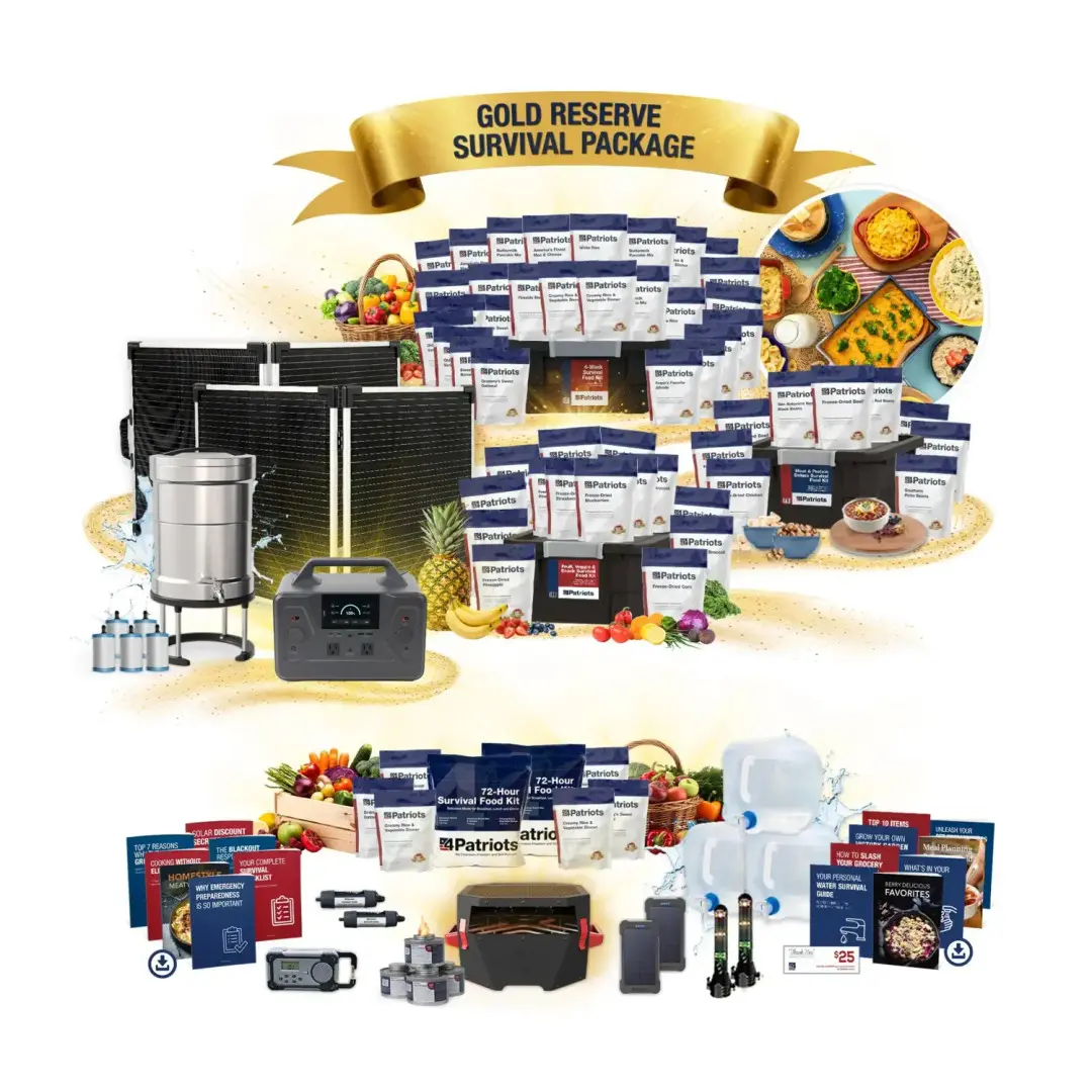 A product array on white that contains the 4Patriots 4-Week, Meat & Protein, and Fruit, Veggie & Snack Survival Food Kits, 2 4Patriots 100-Watt Laminate Solar panels, the Patriot Power Generator 1200, and the Ultimate Water Filtration System with five NanoMesh Filters. The product adorned with gold graphic elements and prepared food to represent the quality and value of the Gold Reserve Survival Package.
Free bonuses in this large survival food kit include the 4Patriots Emergency food containing two 72 Hour Kits displayed with fresh produce, three Aqua Totes, a solar weather radio, a RescueHeater with fuel, two Patriot Power Cells, Halo XTs and Personal Water Filters with digital bonus reports and a 25 dollar savings certificate.