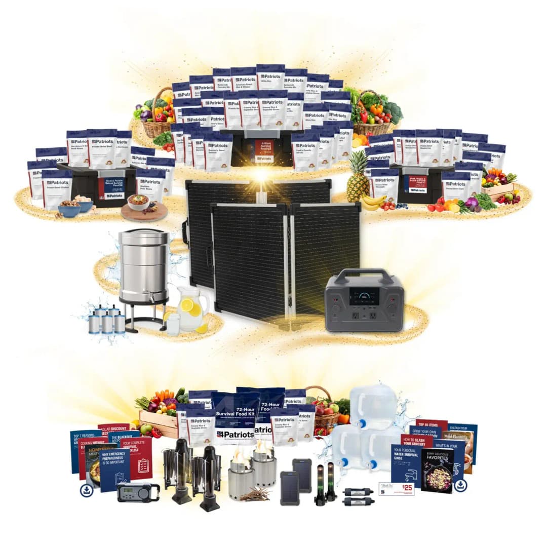 A product array on white that contains the 4Patriots 4-Week, Meat & Protein, and Fruit, Veggie & Snack Survival Food Kits, 2 4Patriots 100-Watt Laminate Solar panels, the Patriot Power Generator 1200, and the Ultimate Water Filtration System with five NanoMesh Filters. The product adorned with gold graphic elements and prepared food to represent the quality and value of the Gold Reserve Survival Package.
Free bonuses in this large survival food kit include the 4Patriots Emergency food containing two 72 Hour Kits displayed with fresh produce, three Aqua Totes, a solar weather radio, two SunKettles, 2 Starfire Camp Stove, two Patriot Power Cells, Halo XTs and Personal Water Filters with digital bonus reports and a 25 dollar savings certificate.