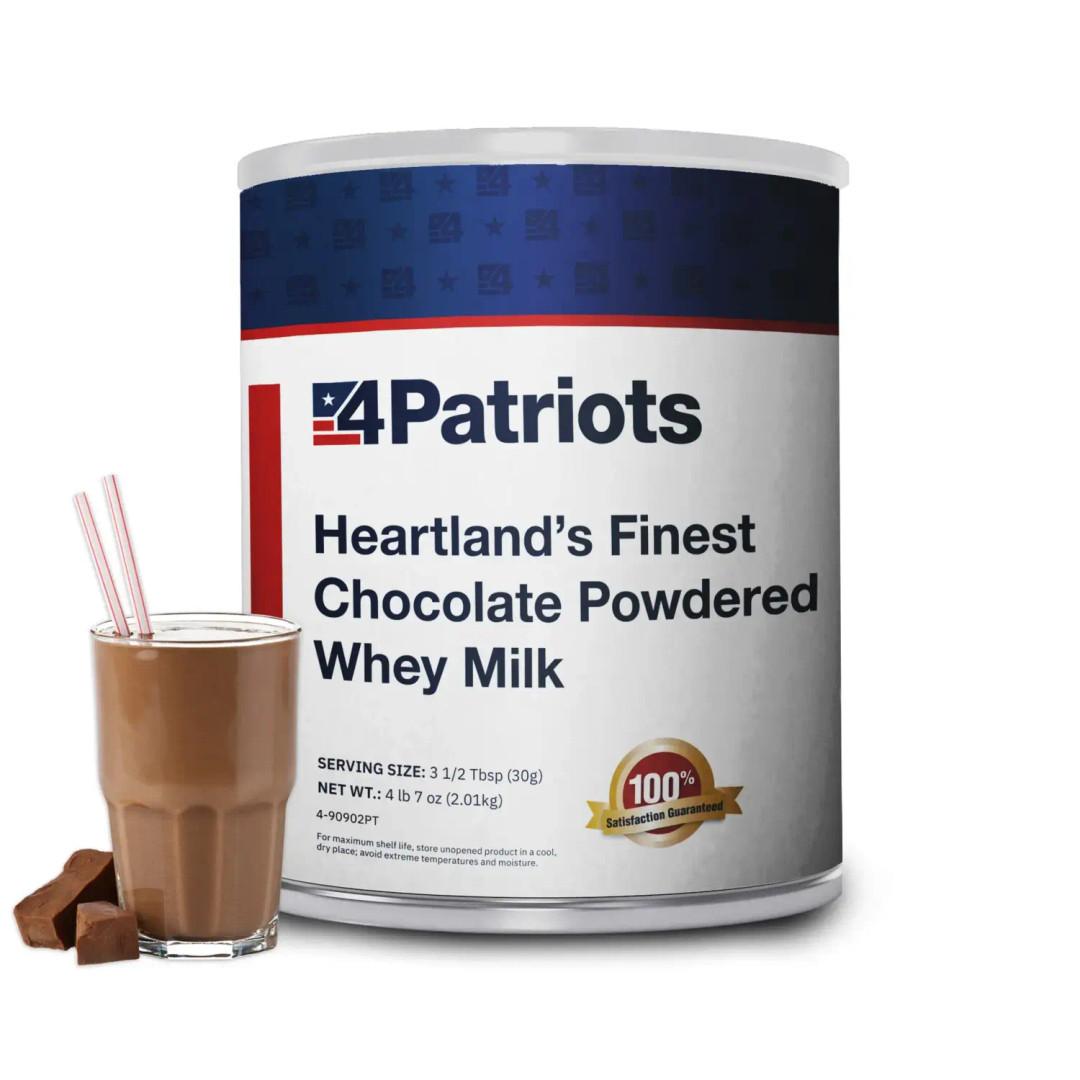 A large #10 canister of 4Patriots Heartland's Finest Chocolate Powdered Whey Milk, labeled with bold navy and red branding. The packaging includes serving size and net weight details, plus a gold “100% Satisfaction Guaranteed” badge, emphasizing its long shelf life and emergency food purpose.