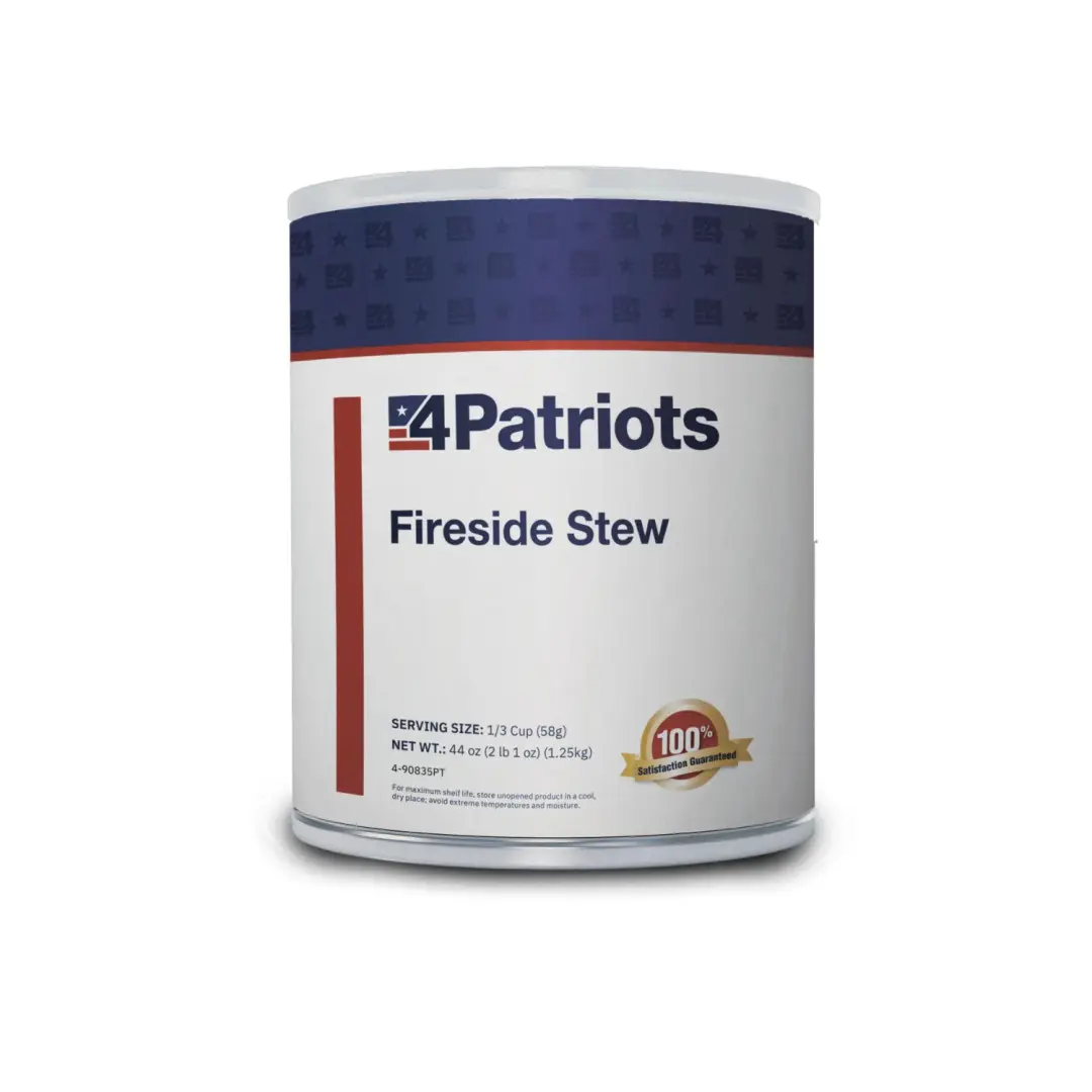 A large #10 canister of 4Patriots Fireside Stew, labeled with bold navy and red branding. The packaging includes serving size and net weight details, plus a gold “100% Satisfaction Guaranteed” badge, emphasizing its long shelf life and emergency food purpose.