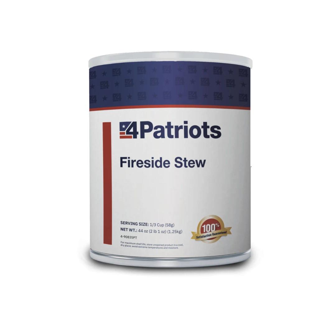 A large #10 canister of 4Patriots Fireside Stew, labeled with bold navy and red branding. The packaging includes serving size and net weight details, plus a gold “100% Satisfaction Guaranteed” badge, emphasizing its long shelf life and emergency food purpose.