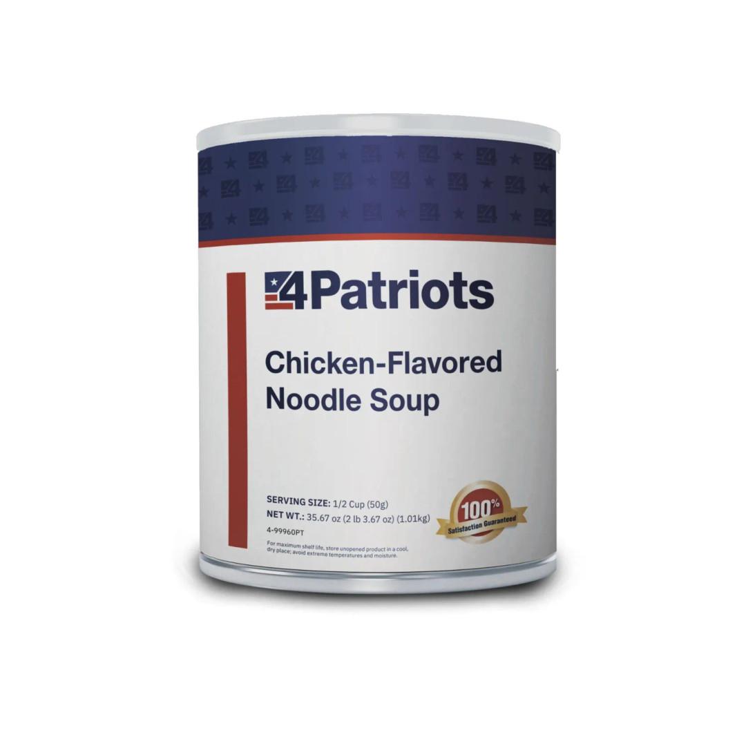 A large #10 canister of 4Patriots Chicken-Flavored Noodle Soup, labeled with bold navy and red branding. The packaging includes serving size and net weight details, plus a gold “100% Satisfaction Guaranteed” badge, emphasizing its long shelf life and emergency food purpose.