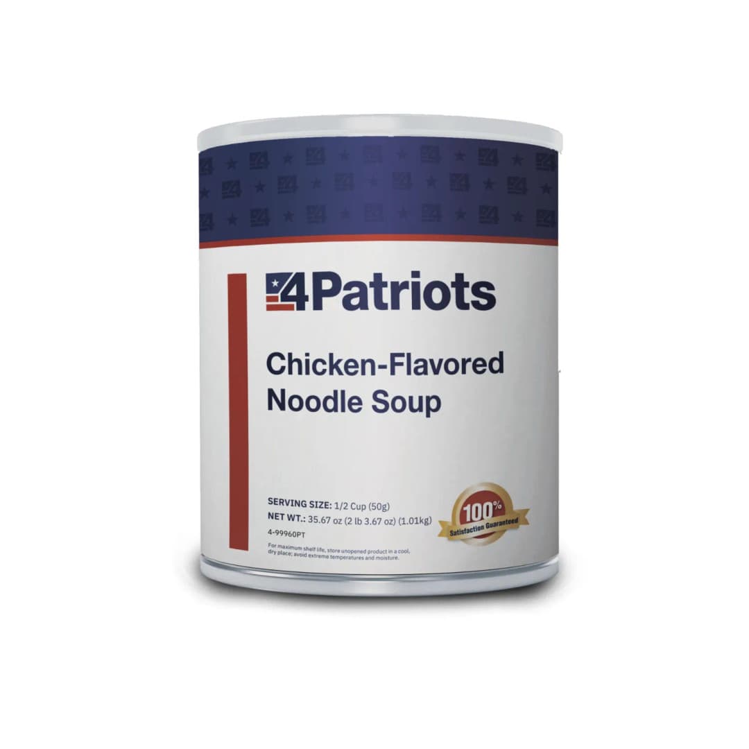 A large #10 canister of 4Patriots Chicken-Flavored Noodle Soup, labeled with bold navy and red branding. The packaging includes serving size and net weight details, plus a gold “100% Satisfaction Guaranteed” badge, emphasizing its long shelf life and emergency food purpose.