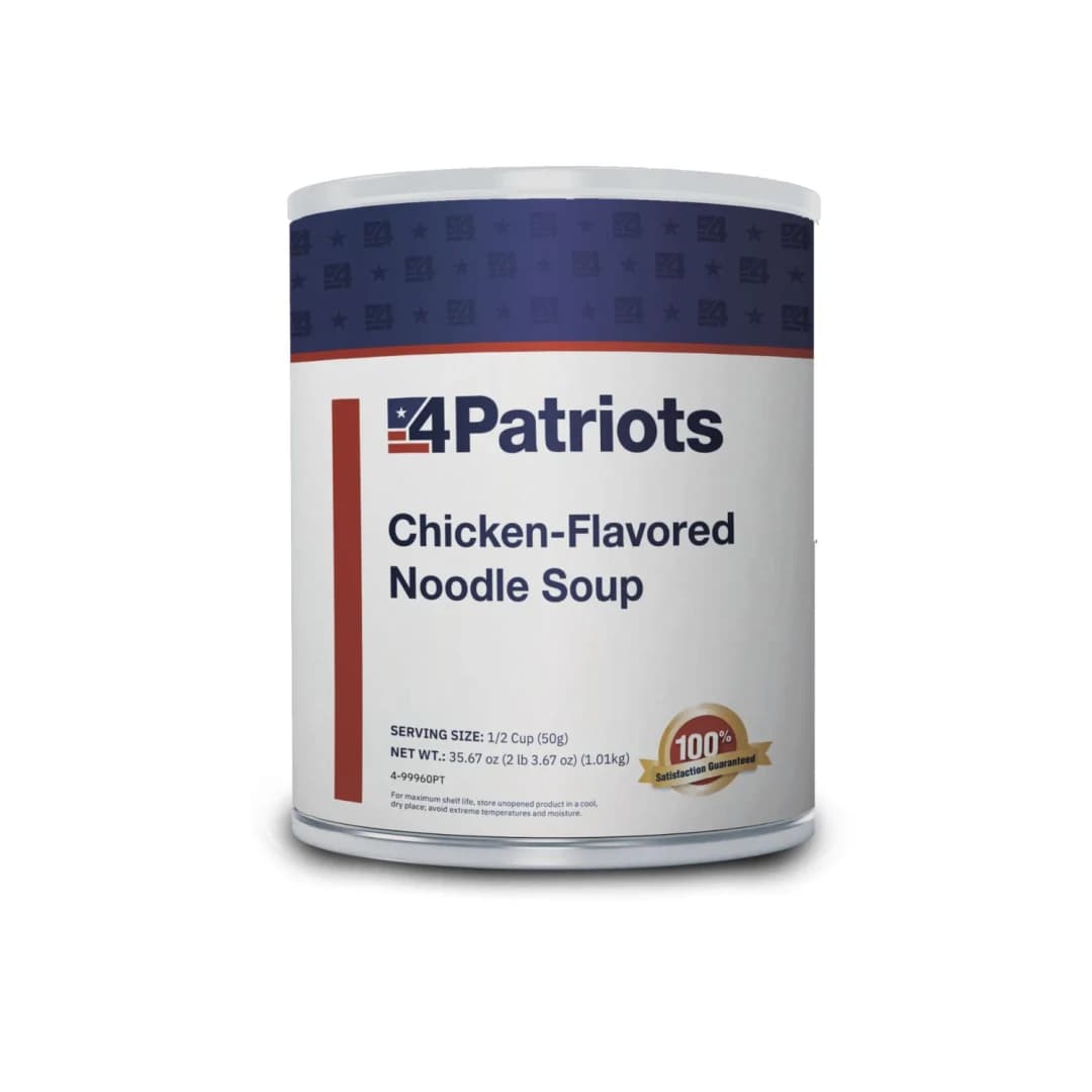 A large #10 canister of 4Patriots Chicken-Flavored Noodle Soup, labeled with bold navy and red branding. The packaging includes serving size and net weight details, plus a gold “100% Satisfaction Guaranteed” badge, emphasizing its long shelf life and emergency food purpose.