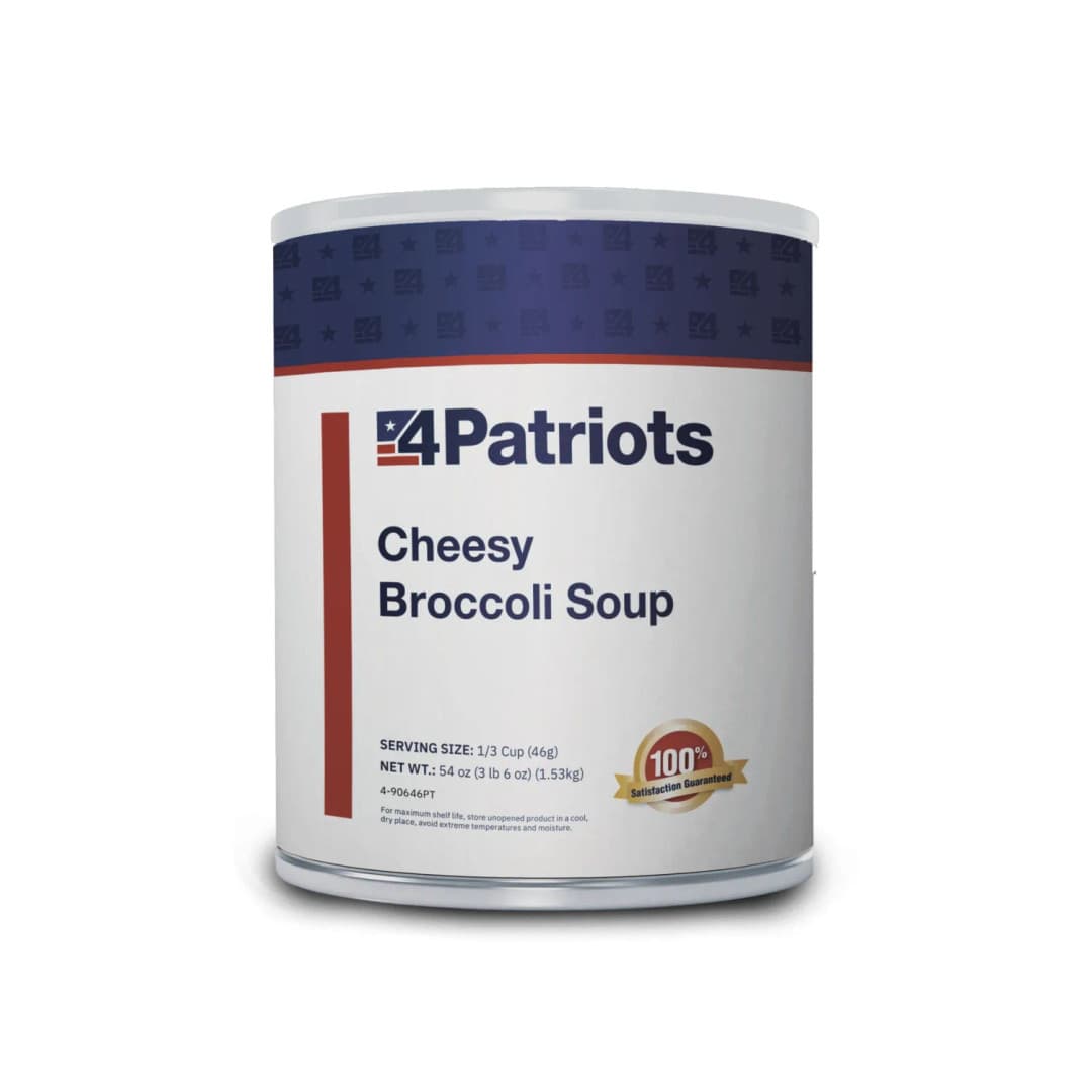 A large #10 canister of 4Patriots Cheesy Broccoli Soup, labeled with bold navy and red branding. The packaging includes serving size and net weight details, plus a gold “100% Satisfaction Guaranteed” badge, emphasizing its long shelf life and emergency food purpose.