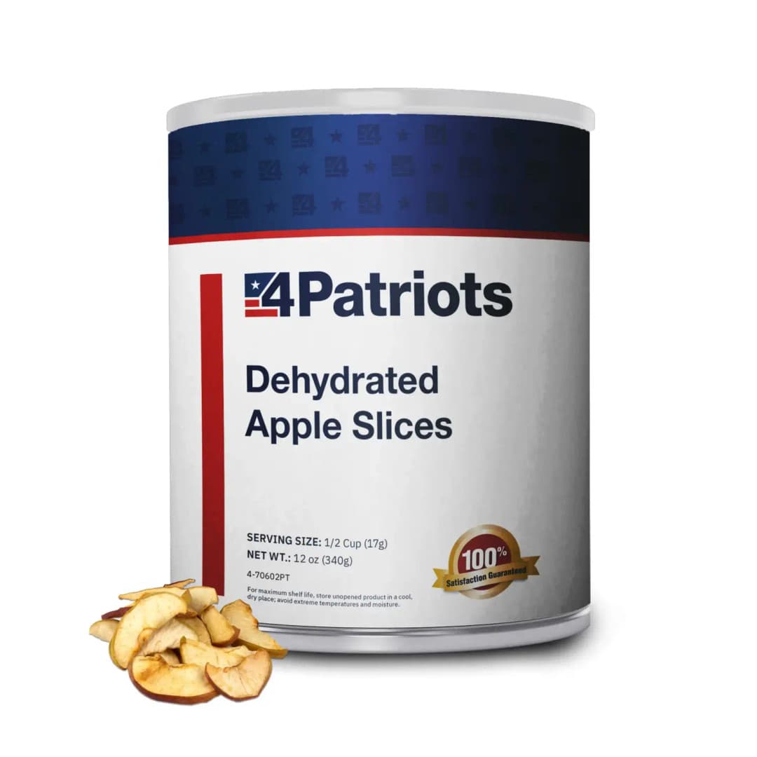A large #10 canister of 4Patriots Dehydrated Apple Slices, labeled with bold navy and red branding. The packaging includes serving size and net weight details, plus a gold “100% Satisfaction Guaranteed” badge, emphasizing its long shelf life and emergency food purpose.