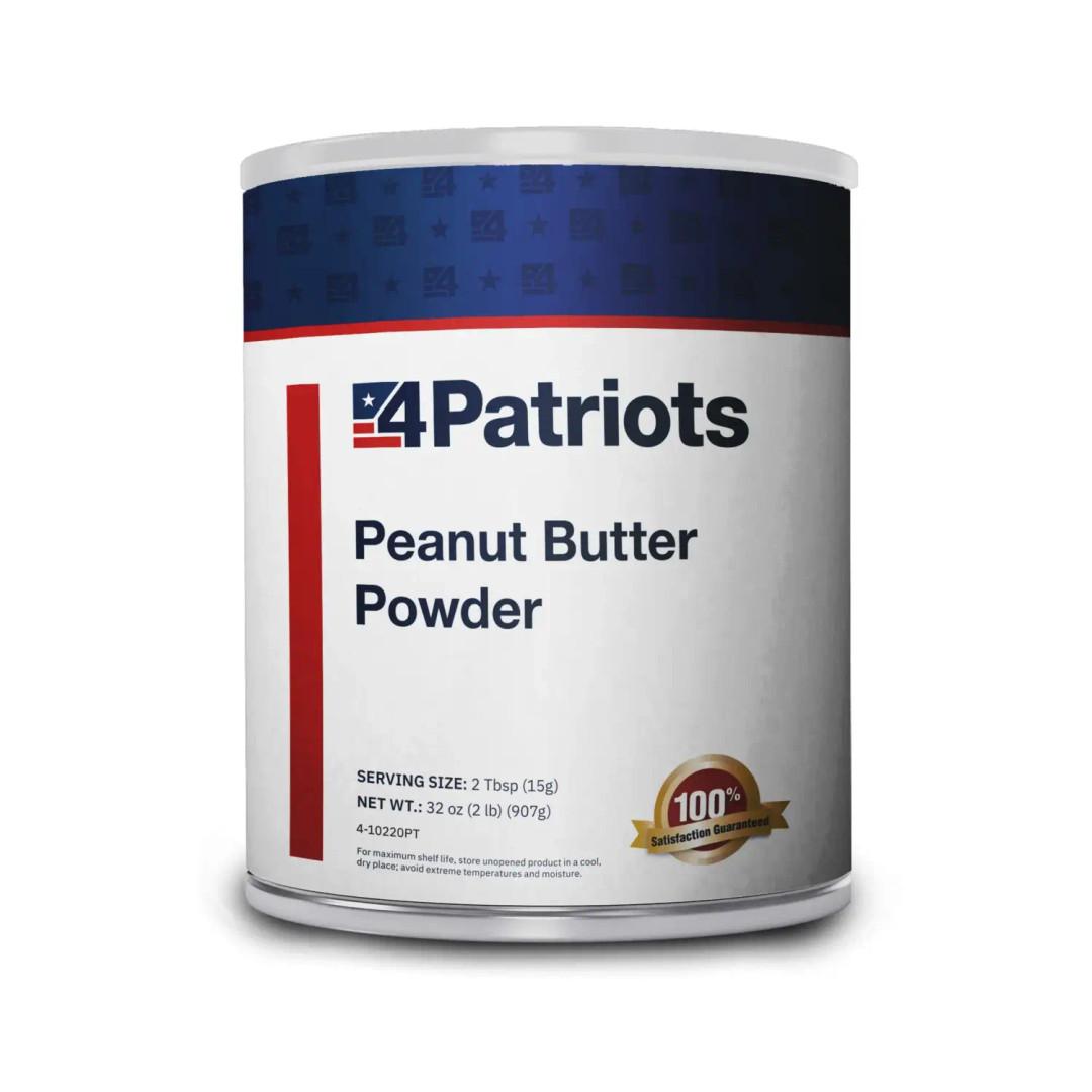 A large #10 canister of 4Patriots Peanut Butter Powder, labeled with bold navy and red branding. The packaging includes serving size and net weight details, plus a gold “100% Satisfaction Guaranteed” badge, emphasizing its long shelf life and emergency food purpose.