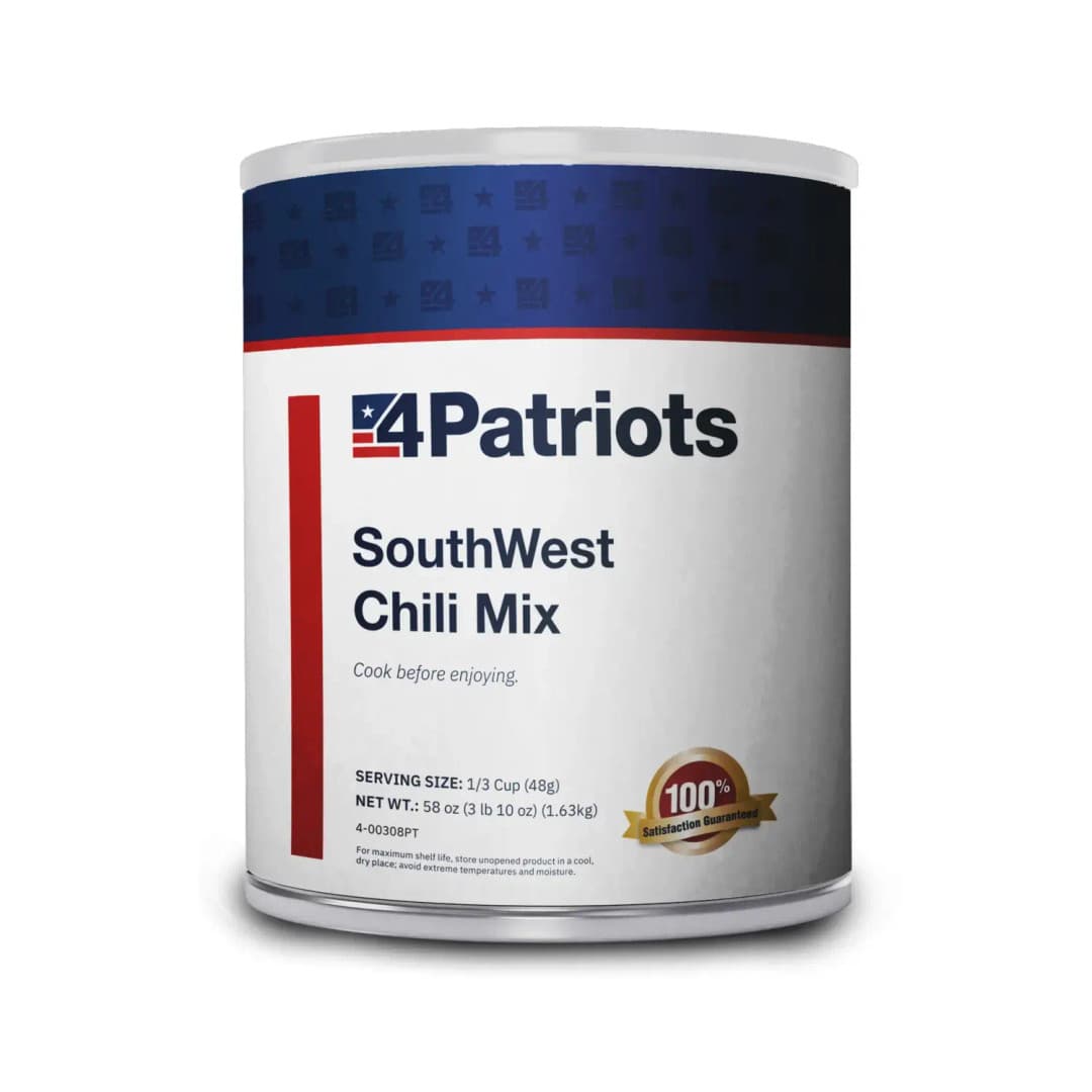 A large #10 canister of 4Patriots SouthWest Chili Mix, labeled with bold navy and red branding. The packaging includes serving size and net weight details, plus a gold “100% Satisfaction Guaranteed” badge, emphasizing its long shelf life and emergency food purpose.