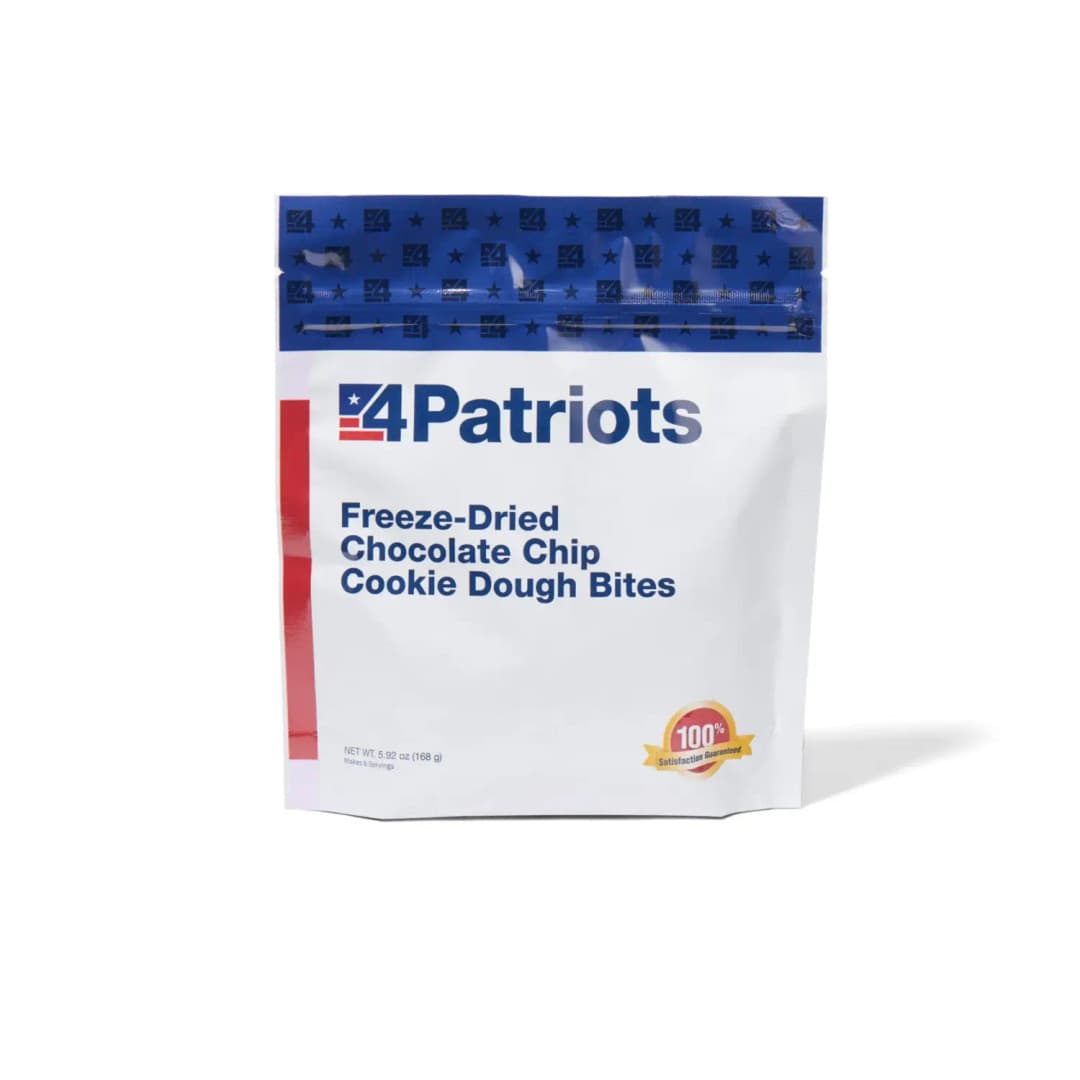 A single pouch of freeze-dried chocolate chip cookie dough bites