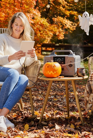 A woman reads a tablet outdoors among fall leaves beside a pumpkin and portable power station