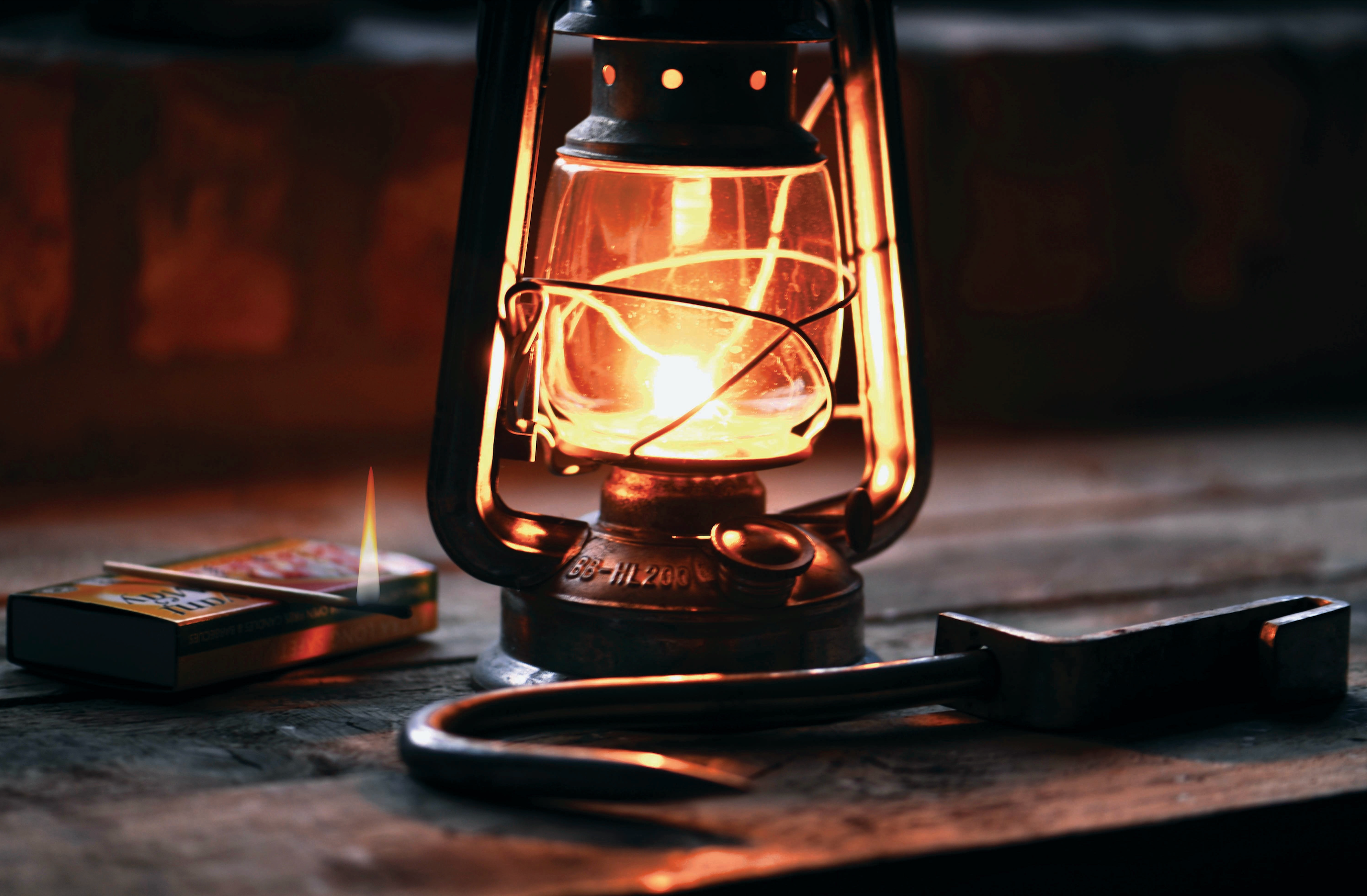 The authentic kitchen utensils. Vintage kettle and old kerosene