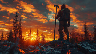 A lone figure with a walking staff silhouetted on a ridge at sunset