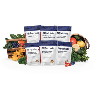 1-Week Survival Food Kit showing six 4Patriots pouches — Fireside Stew, mac and cheese, creamy rice, oatmeal, and energy drink — emergency food supply