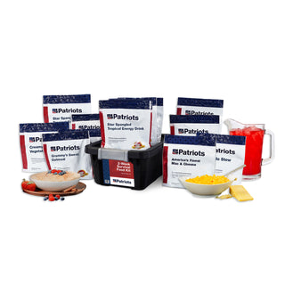 2-Week Emergency Survival Food Kit: full lineup of 4Patriots freeze-dried pouches with the black storage tote and prepared oatmeal, mac and cheese and drink, survival food