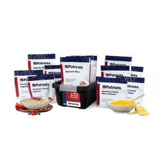 4Patriots 2-Week Survival Food Kit array with its black storage tote, food pouches like Spanish Rice and Mac & Cheese, and prepared bowls, long-term emergency food storage