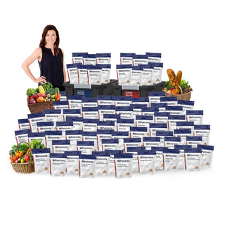 3-Month Emergency Survival Food Kit: full lineup of 4Patriots meal pouches with two storage totes, a smiling woman and fresh produce baskets, emergency food supply