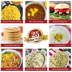 4Patriots 3-Month PlatinumXL food tiles of america’s finest mac & cheese, aztec chili with mango, black bean burger mix, buttermilk pancake mix, cozy potato soup, cowboy rice & beans, creamy rice & vegetable dinner, and dinner bell broccoli bake. 25-year shelf life. More than 1 serving pictured.