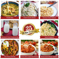 4Patriots 3-Month PlatinumXL food tiles of fireside stew, frank’s favorite alfredo, grammy’s sweet oatmeal, heartland’s finest powdered milk, hearty stroganoff, nonna’s best lasagna-style marinara, ma’s hearty chili mac, and nonna’s secret recipe spaghetti. More than 1 serving pictured.
