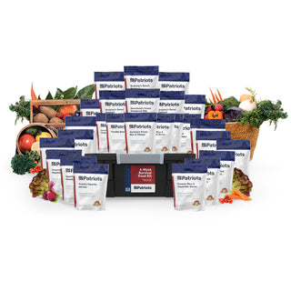 Full lineup of 4-Week Survival Food Kit meal pouches arranged around the tote with baskets of fresh produce, complete 25-year emergency food supply.