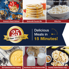 4Patriots 3-Month delicious meals in 15 minutes: grammy’s sweet oatmeal, buttermilk pancake mix, white rice, old fashioned vanilla pudding, heartland’s finest powdered milk, sweetly coated banana chips. 25-year shelf life. More than 1 serving pictured.