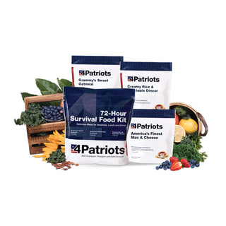 72-Hour Emergency Survival Food Kit pouch with Grammy's Sweet Oatmeal, Mac & Cheese and Rice packets and fresh produce on white, freeze-dried survival food