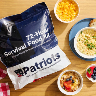 72-Hour Emergency Survival Food Kit pouch beside prepared bowls of mac & cheese, creamy rice and oatmeal with berries, emergency meals ready to eat