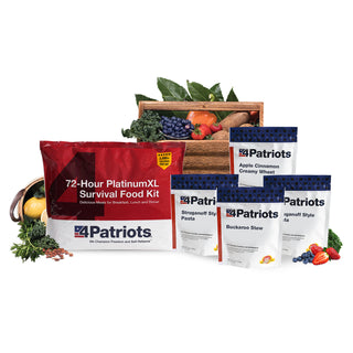 72-Hour PlatinumXL Emergency Survival Food Kit with dehydrated meal pouches and fresh produce on white, emergency food supply
