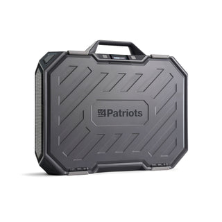 Patriot Power Solar Generator AlphaCase Elite closed rugged hard case with battery display on white, portable solar generator for home backup