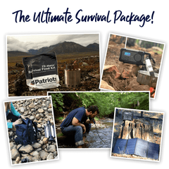 The Ultimate Survival Package includes Survival Food kits, Libertyband Emergency Solar Radio, Sun Kettle Personal Water Heater, Personal Water Filter and the Patriot Power Sidekick with 40-Watt Solar Panel.