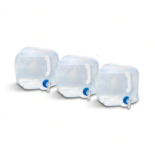 Aqua-Tote Collapsible Water Storage, three clear collapsible containers with handles and spigots on white, emergency water storage survival gear