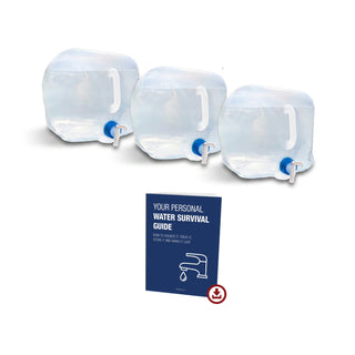 Aqua-Tote Collapsible Water Storage set of three containers shown with the bonus Personal Water Survival Guide, collapsible emergency water storage