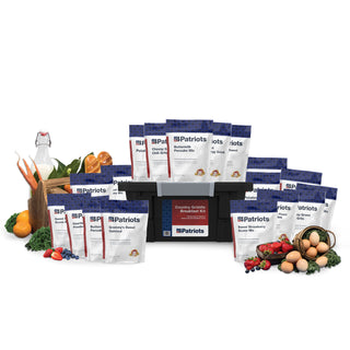 Country Griddle Breakfast Kit array with the storage tote surrounded by 4Patriots pancake mix, grits, oatmeal and scone mix pouches