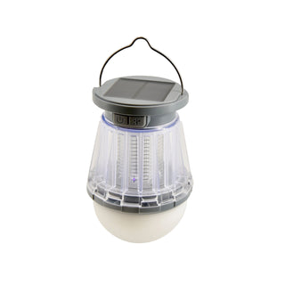 Solar-powered bug zapper lantern with transparent body, UV insect killer grid, solar panel top, and white LED bulb