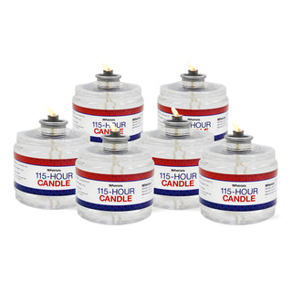 Six clear 4Patriots 115-hour liquid paraffin candles with red, white and blue labels, each with a lit flame