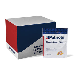 Classic Bean Chili Case Pack showing the 4Patriots shipping box beside a Classic Bean Chili pouch, bulk emergency food for long-term storage