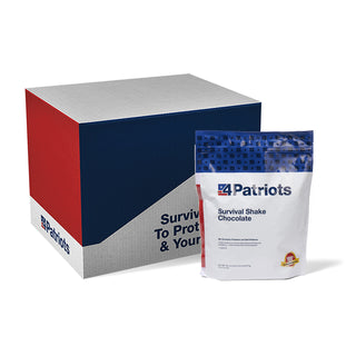 Chocolate Survival Shake Case Pack showing the 4Patriots shipping box beside a Survival Shake Chocolate pouch, bulk emergency food protein drink mix