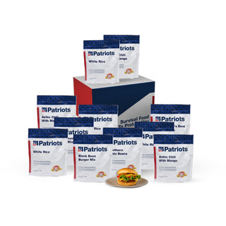 Cowboy Cookout Survival Food Kit: a shipping box surrounded by 4Patriots pouches of white rice, chili, beans and burger mix.