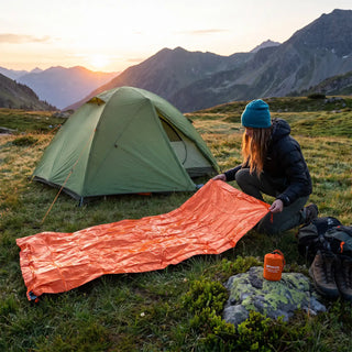 Woman in a teal beanie unrolls an orange Emergency Thermal Sleeping Bag on grass beside a green tent at sunrise in the mountains.