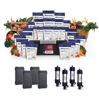Family Emergency Essentials Package showing the 4-Week Survival Food Kit pouches and tote, four Patriot Pure water filters and solar power banks with fresh produce for disaster preparedness