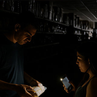 Couple checks food by phone flashlight in a blacked-out store aisle, the kind of outage the Family Favorites Emergency Survival Food Package covers.