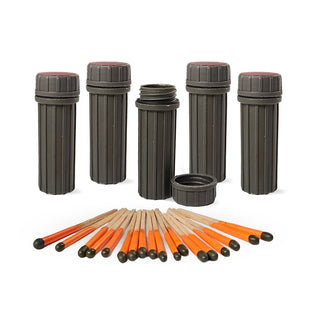 FlashFlame Emergency Matches from 4Patriots, 5 gray water-resistant cases, one open with its cap beside it, above a row of orange-tipped emergency matches