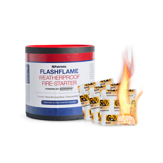 4Patriots FlashFlame Weatherproof Fire-Starter canister with loose QuickSurvive pouches catching flame, 50-count survival gear fire aid