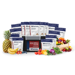 4Patriots Fruit, Veggie & Snack Survival Food Kit array with freeze-dried pouches, storage tote and fresh produce, 120 servings of survival food