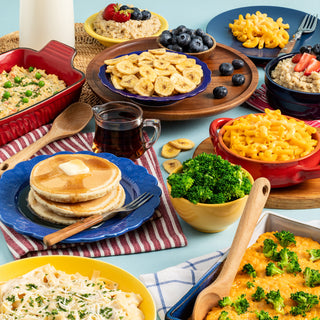Gold Reserve Emergency Survival Package: 4-Week food kit prepared as a full table spread of mac and cheese, pancakes, oatmeal and casseroles, survival food
