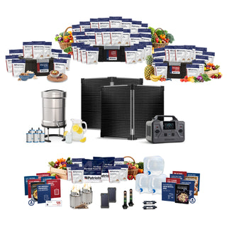 Gold Reserve Emergency Survival Package: full array of survival food kits, produce, gravity water filter, solar panels, power station and bonus guides, emergency survival kit