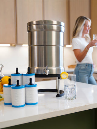 Gold Reserve Emergency Survival Package Ultimate Water Filter with spare nano filter cartridges on a kitchen counter, woman with a glass behind, gravity water filter