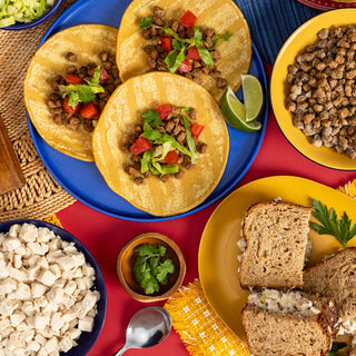 Gold Reserve Emergency Survival Package: Meat and Protein kit flatlay of taco crumbles, diced chicken and a sandwich spread, emergency food supply