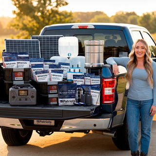 Gold Reserve Emergency Survival Package: woman leaning on a truck bed loaded with solar panels, water filter, power station and food kits at sunset, emergency preparedness