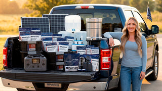 Smiling woman beside a black 4Patriots pickup truck, its bed loaded with solar panels, a portable solar generator, a gravity water filter and 4-Week and 72-Hour survival food kits for preparedness